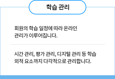학습관리 1.회원의  학습  일정에  따라 온라인  관리가  이루어집니다. 2. 시간 관리, 평가 관리, 디지털 관리 등 학습 외적 요소까지 다각적으로 관리합니다. 