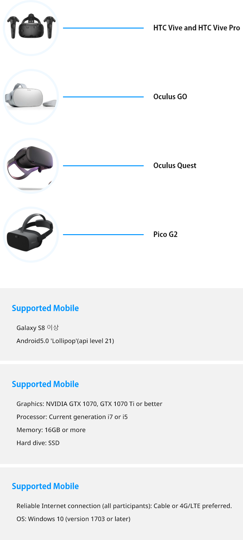 HTC Vive and HTC Vive Pro / Supported Mobile-Galaxy S8 이상,Android5.0 'Lollipop'(api level 21) / Graphics: NVIDIA GTX 1070, GTX 1070 Ti or better, Processor: Current generation i7 or i5, Memory: 16GB or more, Hard dive: SSD / Reliable Internet connection (all participants): Cable or 4G/LTE preferred. /OS: Windows 10 (version 1703 or later)